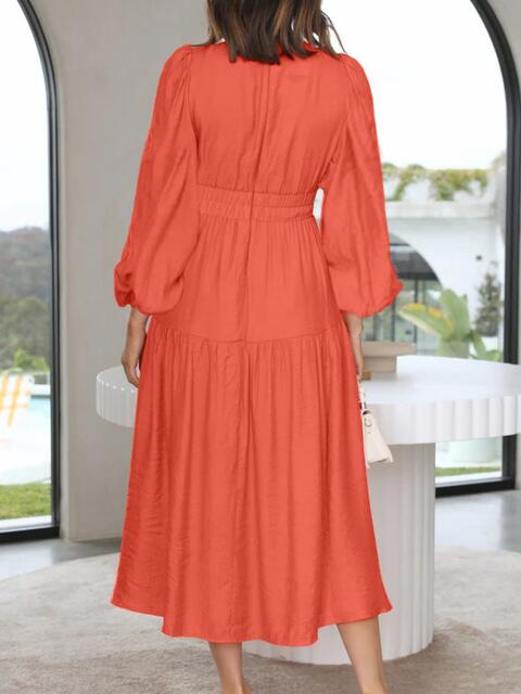 swvws Deep V-Neck Balloon Sleeve Plain Maxi Dress