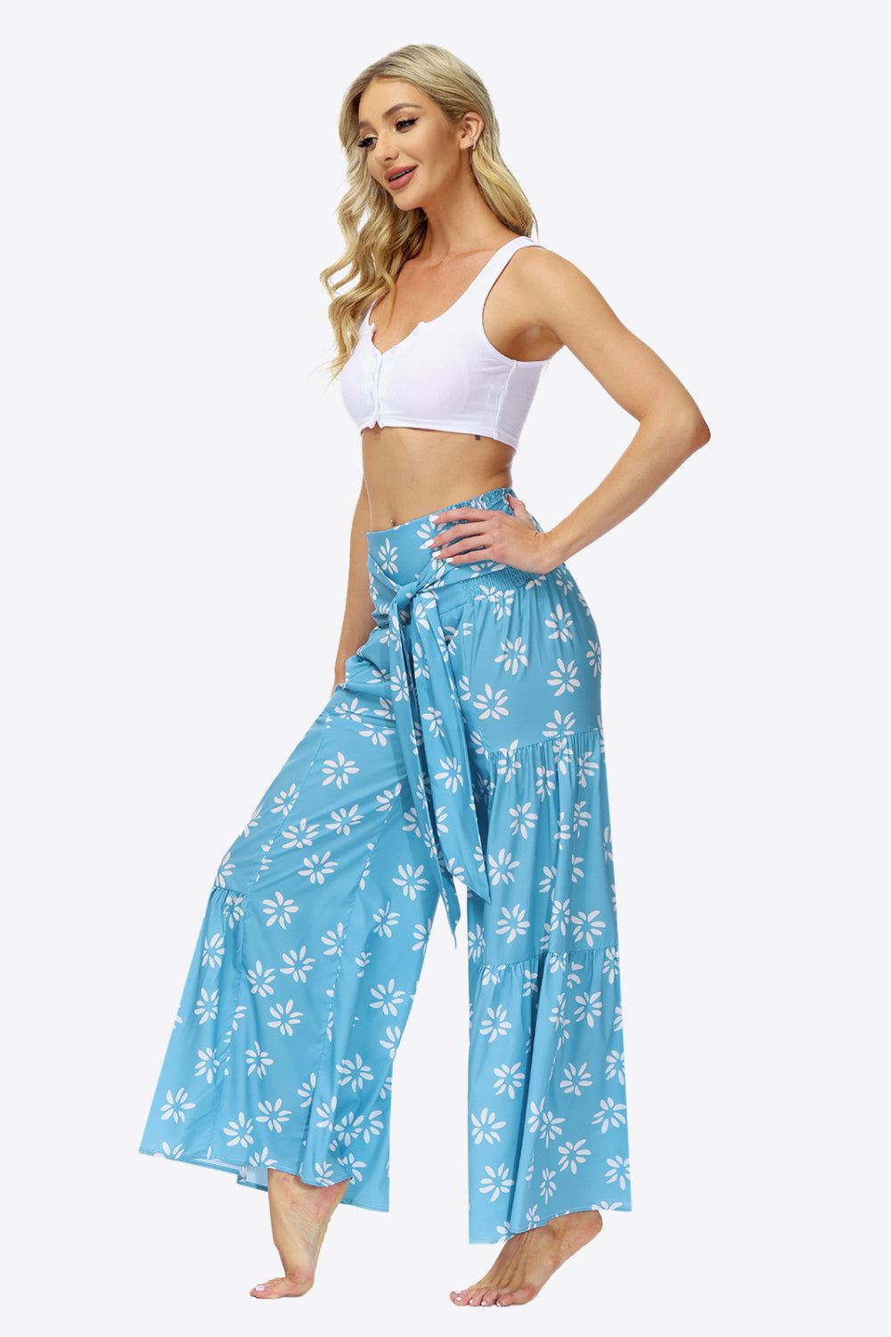 swvws Floral Tie-Waist Tiered Culottes