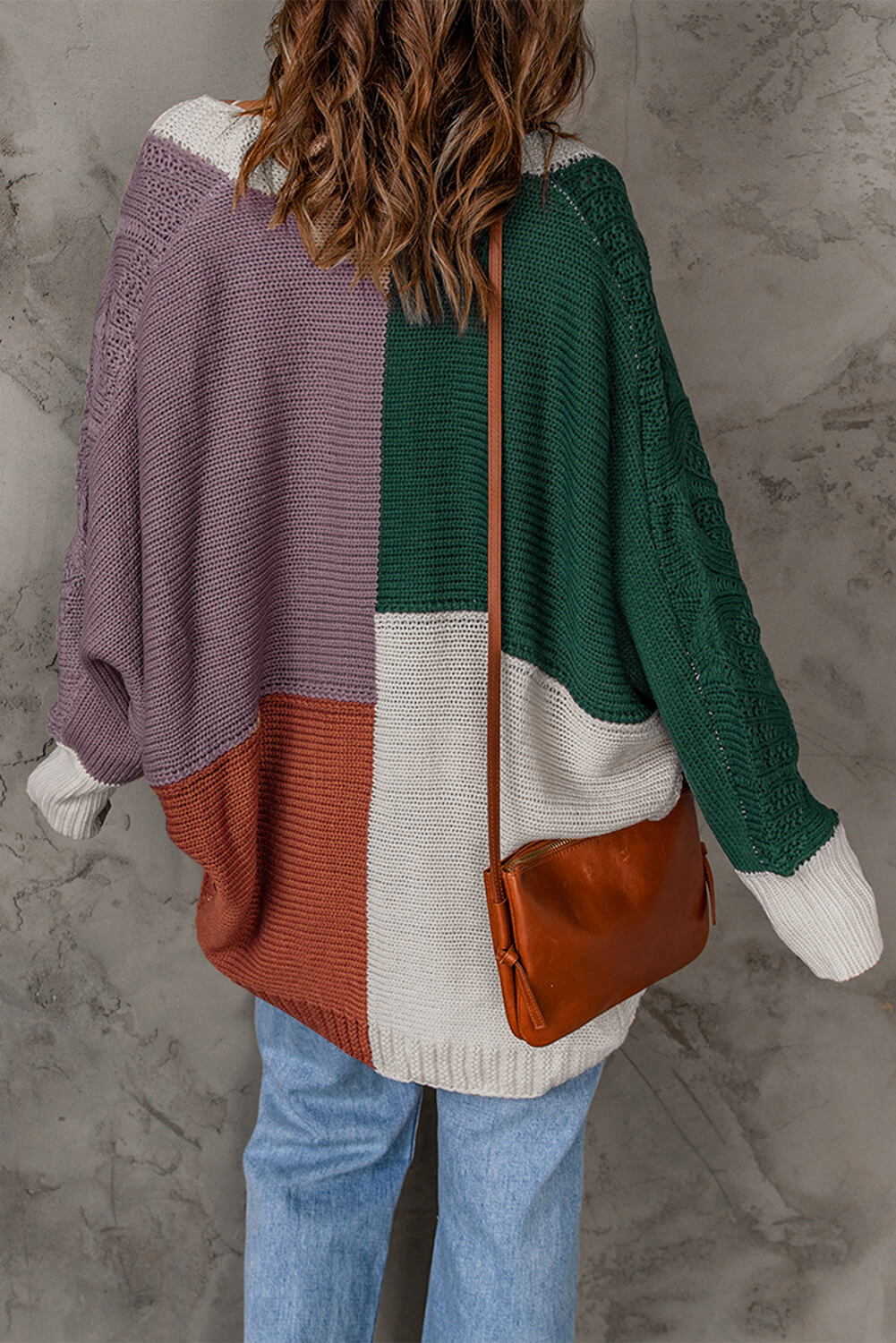 swvws Color Block Cable-Knit Batwing Sleeve Cardigan