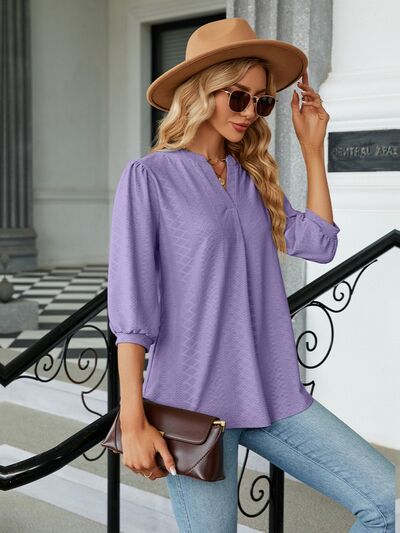 swvws Textured Notched Three-Quarter Sleeve Blouse