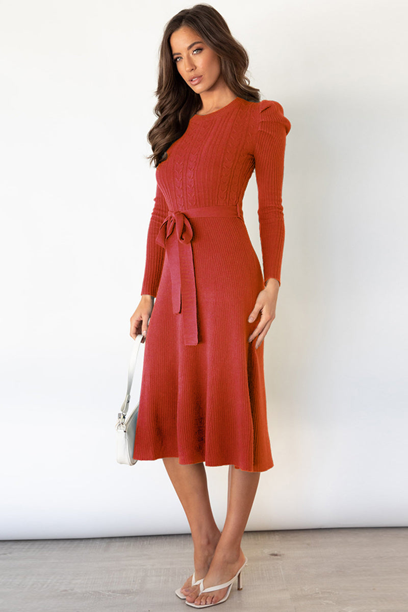 swvws Round Neck Long Sleeve Tie Waist Sweater Dress