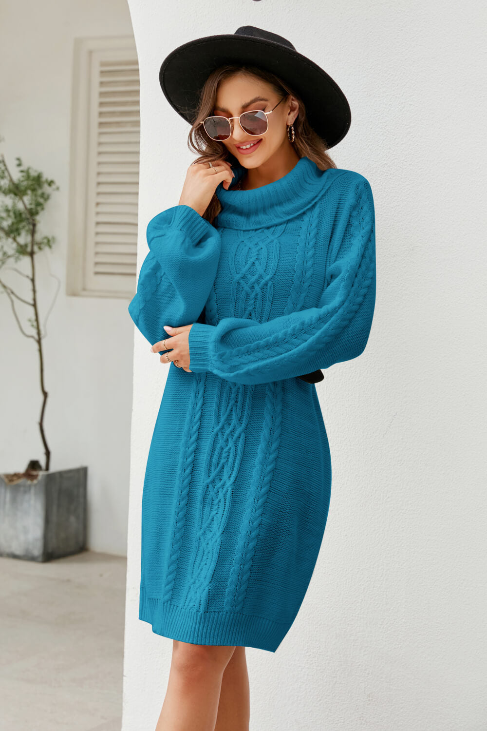 swvws Mixed Knit Turtleneck Lantern Sleeve Sweater Dress