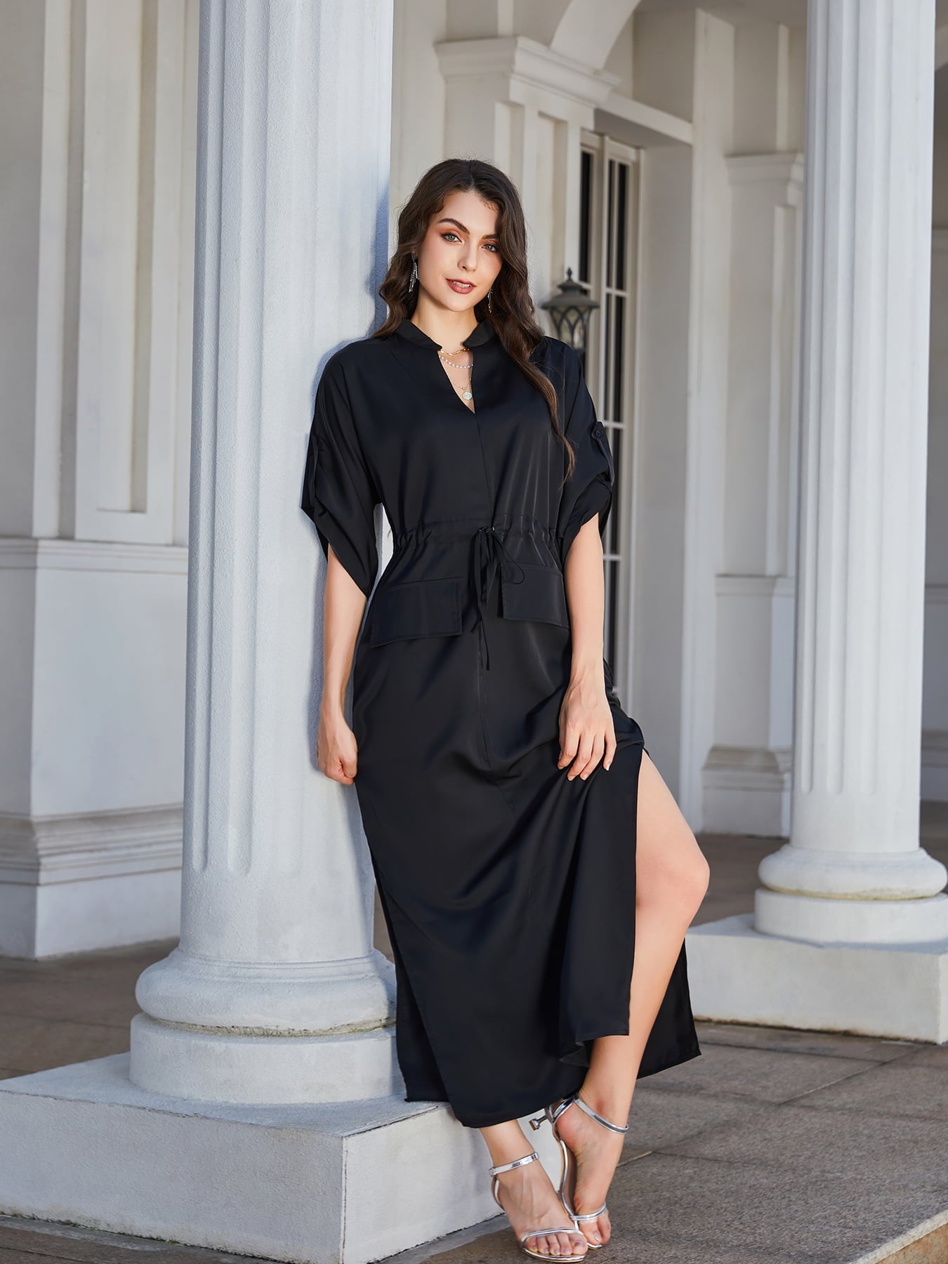 swvws High Slit Roll-tab Sleeve Notched Neck Maxi Dress