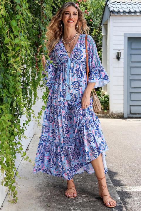 swvws Deep V Three-Quarter Sleeve Maxi Dress