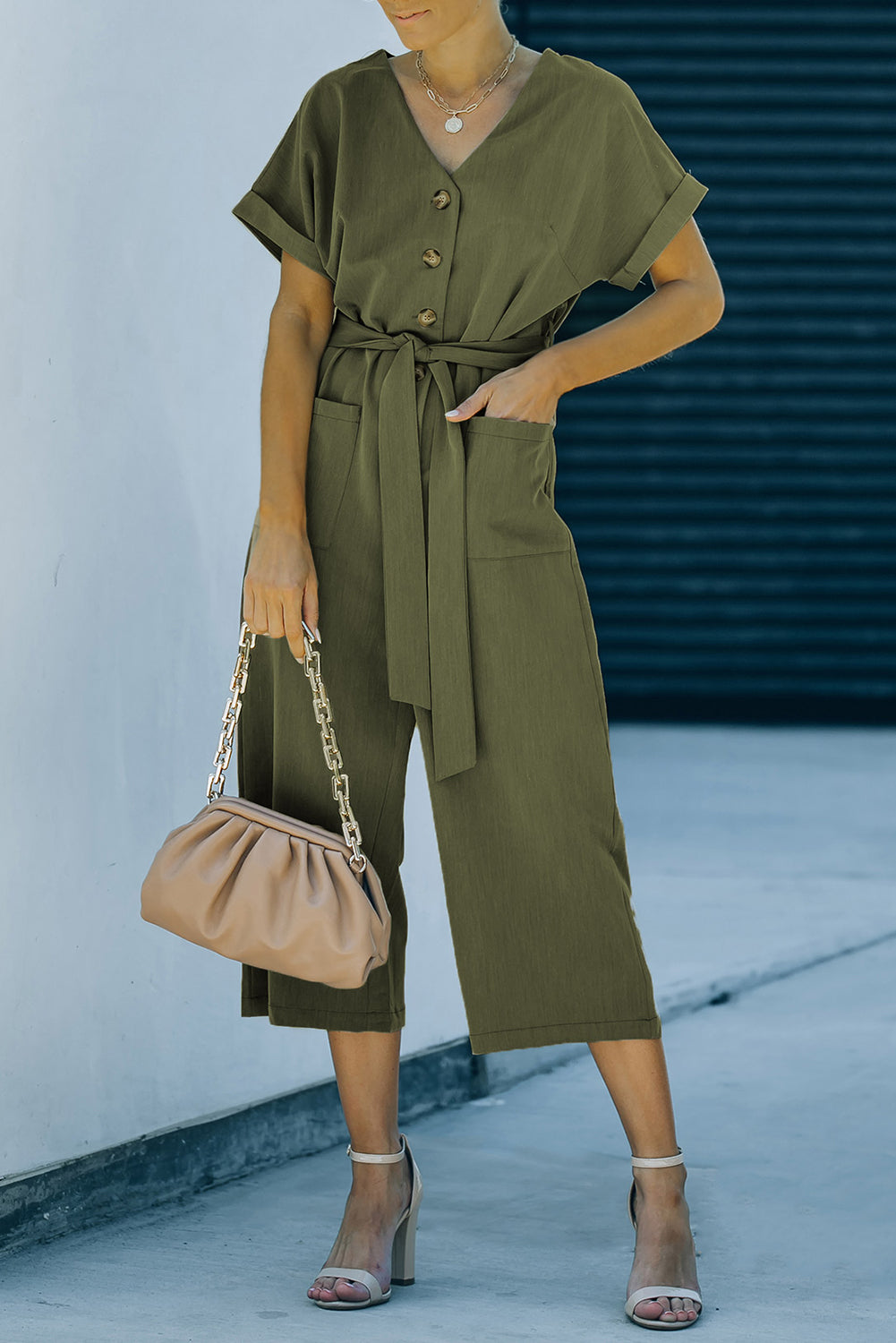 swvws Tie-Waist Buttoned Cropped Jumpsuit