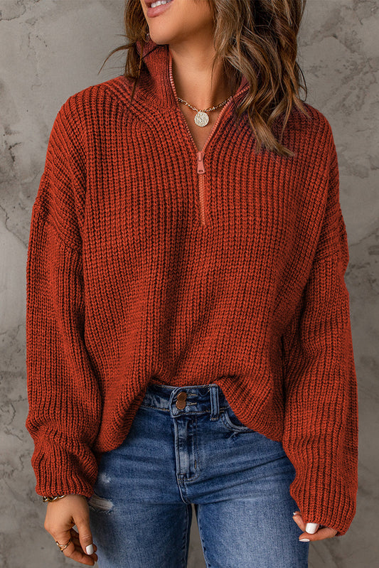 swvws Half Zip Rib-Knit Dropped Shoulder Sweater