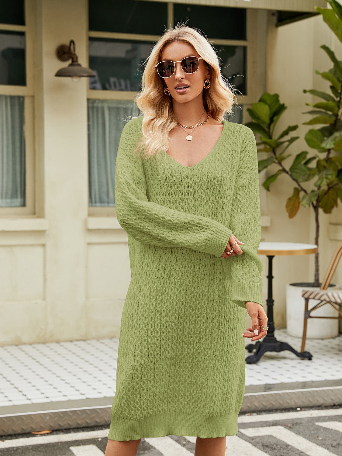 swvws V-Neck Long Sleeve Sweater Dress