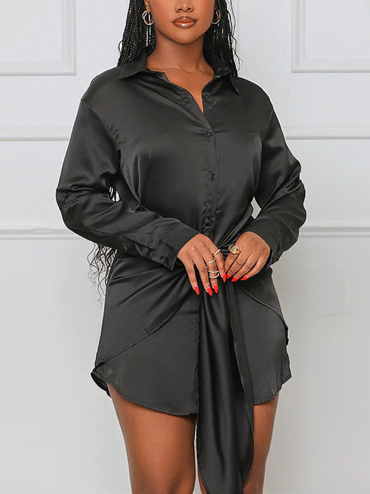 Sixsr Satin Tie Waist Shirts Dress