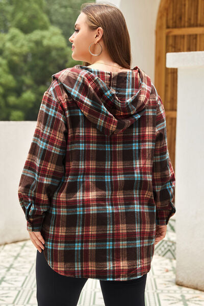 swvws Plus Size Drawstring Plaid Quarter Button Hoodie