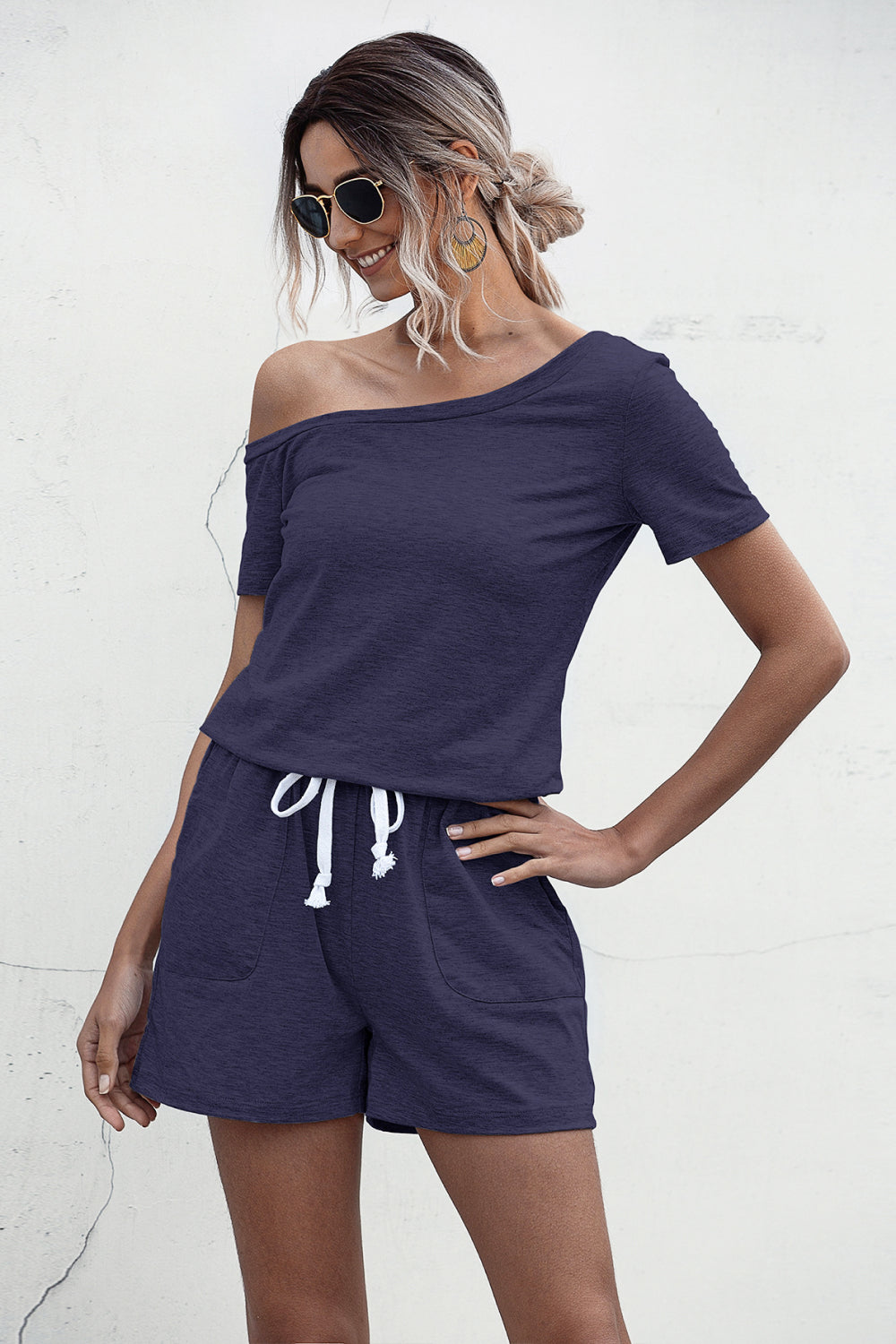 swvws One Shoulder Tie Waist Romper