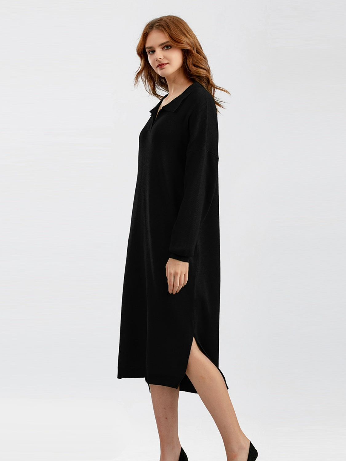 swvws Johnny Collar Long Sleeve Slit Sweater Dress