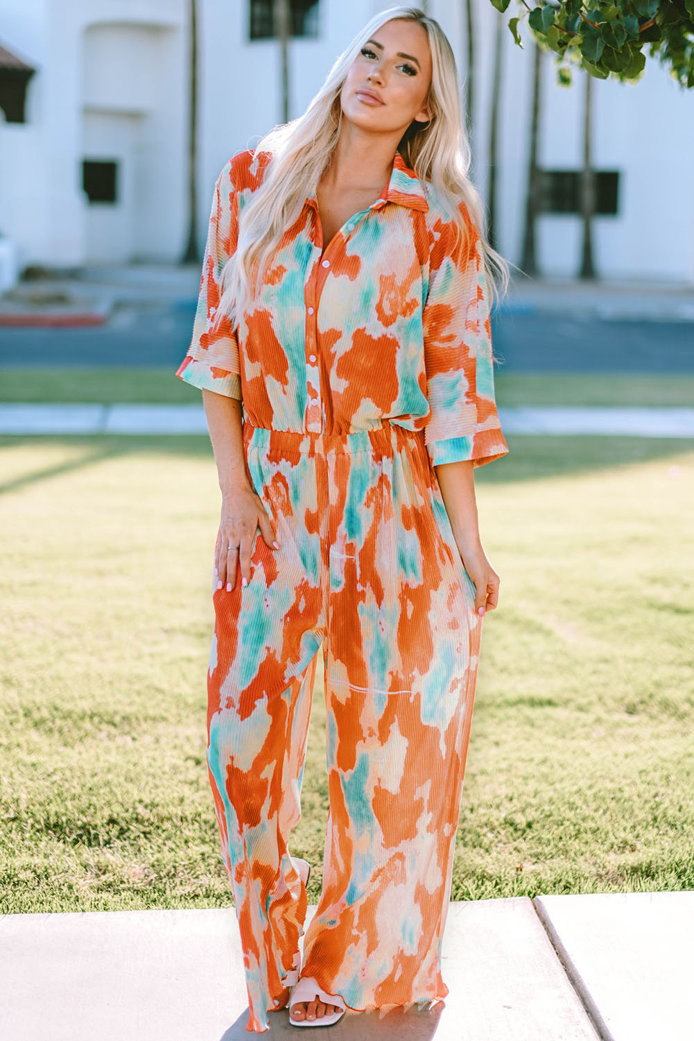 swvws Tie-Dye Collared Wide Leg Jumpsuit