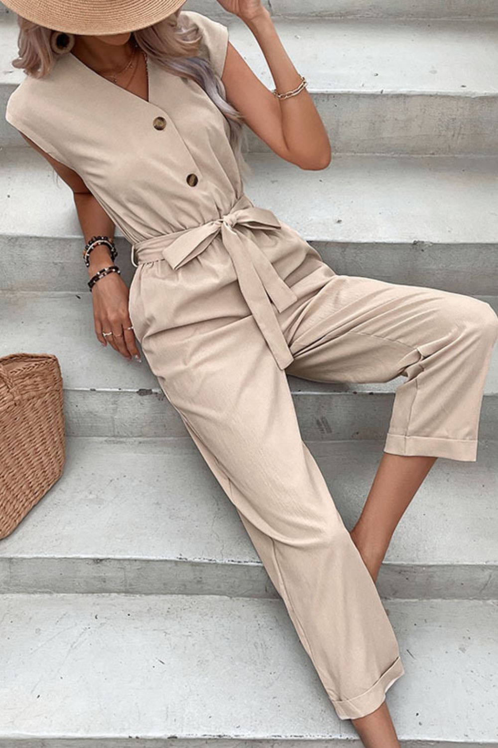 swvws Capped Sleeve Belted V-Neck Jumpsuit