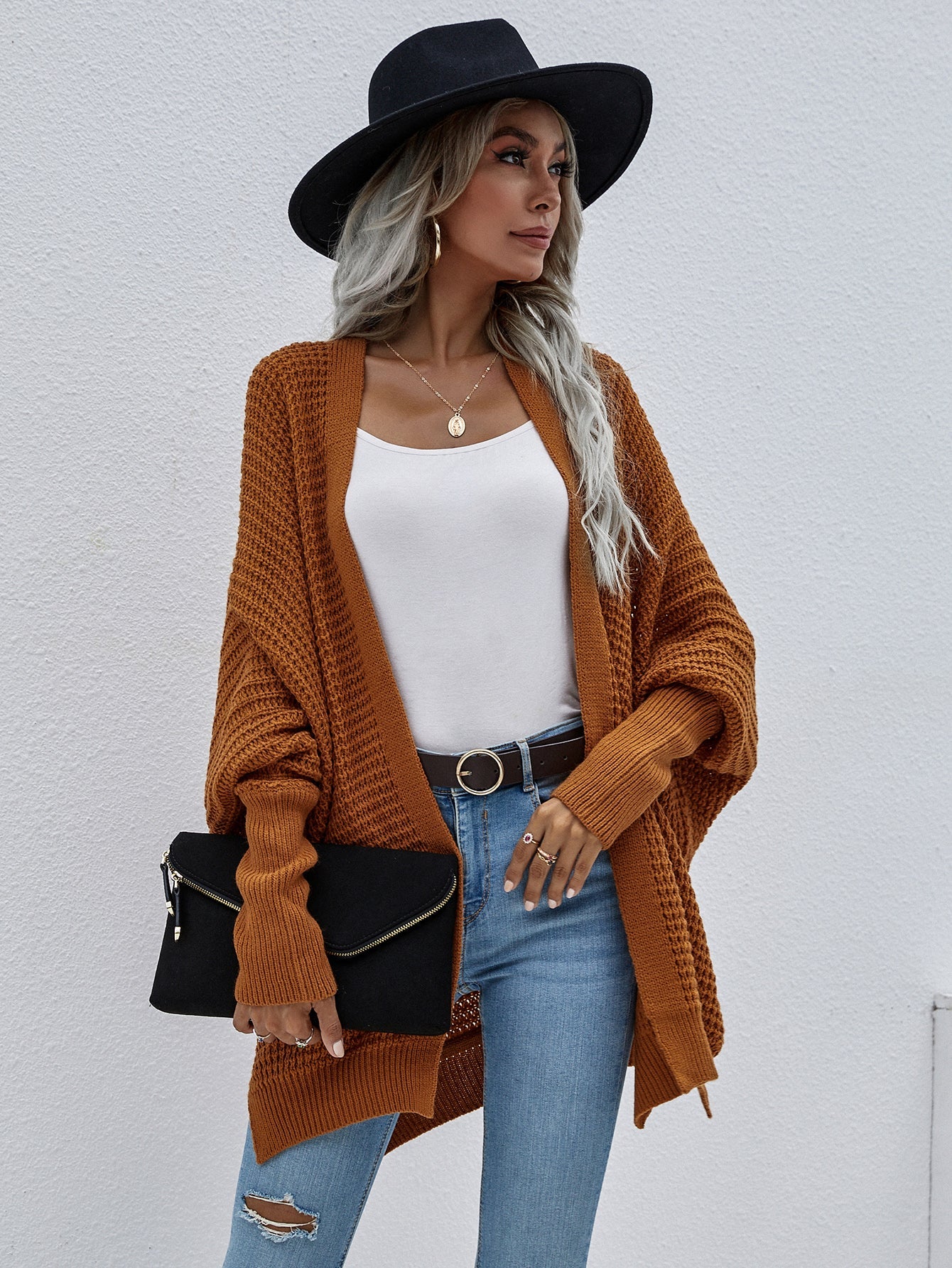 swvws Waffle Knit Open Front Cardigan