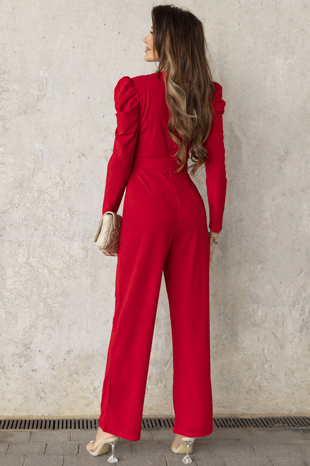 swvws Belted Long Puff Sleeve V-Neck Jumpsuit