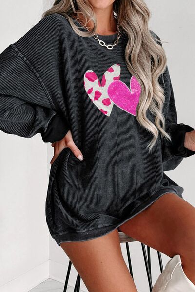 swvws Heart Round Neck Dropped Shoulder Sweatshirt