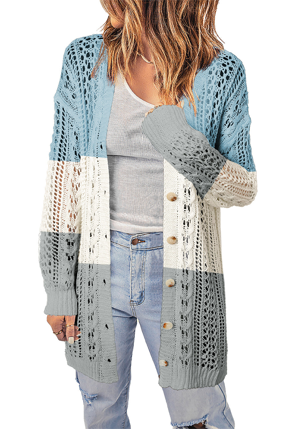 swvws Openwork Ribbed Cuff Longline Cardigan