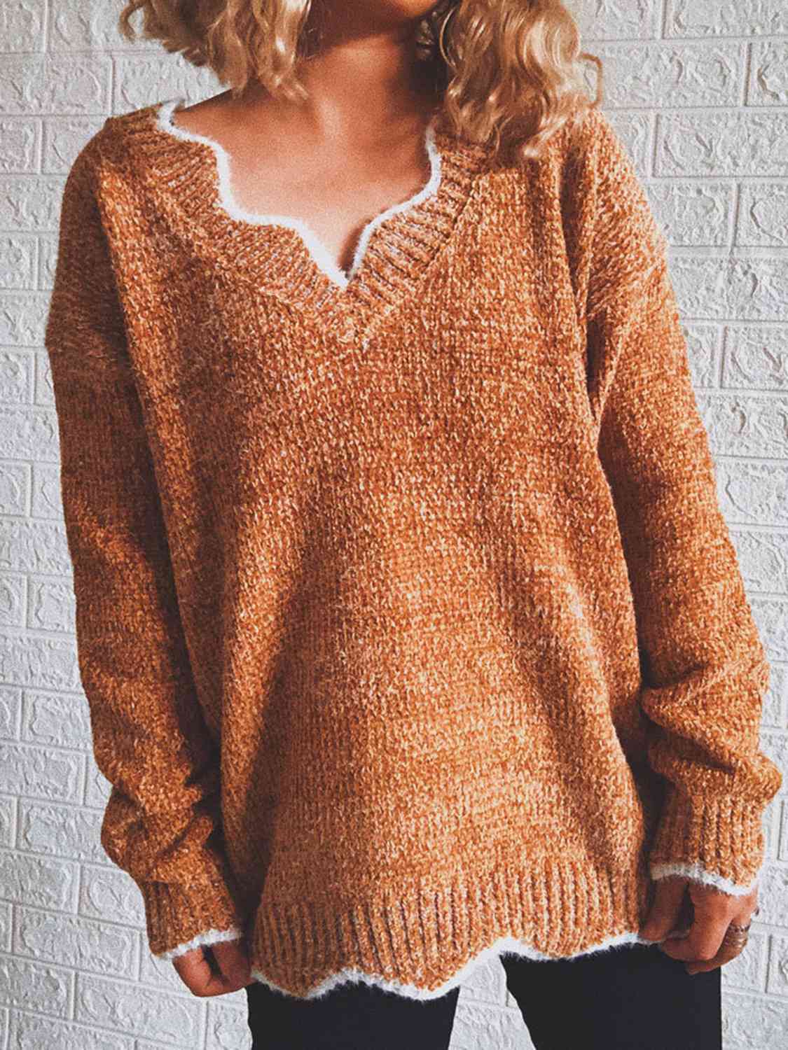 swvws Notched Dropped Shoulder Long Sleeve Sweater