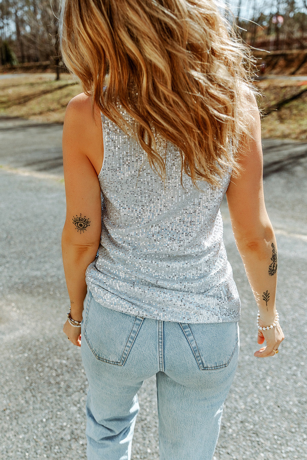 swvws Sequin Button Front V-Neck Tank