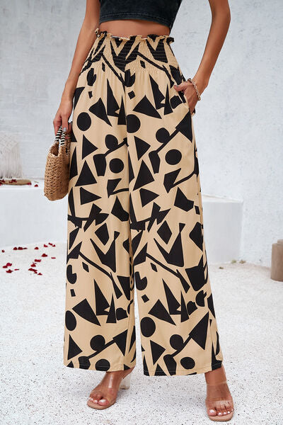 swvws Smocked Printed Wide Leg Pants with Pockets