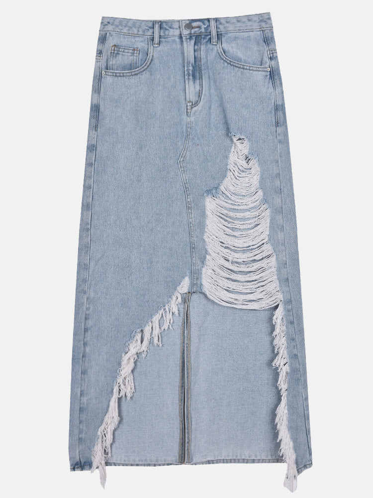 Sixsr Denim Ripped Slit Tassels Skirt