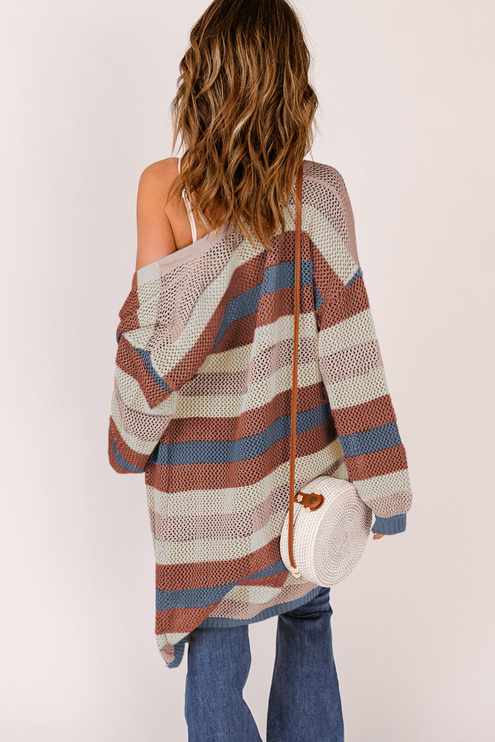 swvws Full Size Striped Long Sleeve Openwork Cardigan