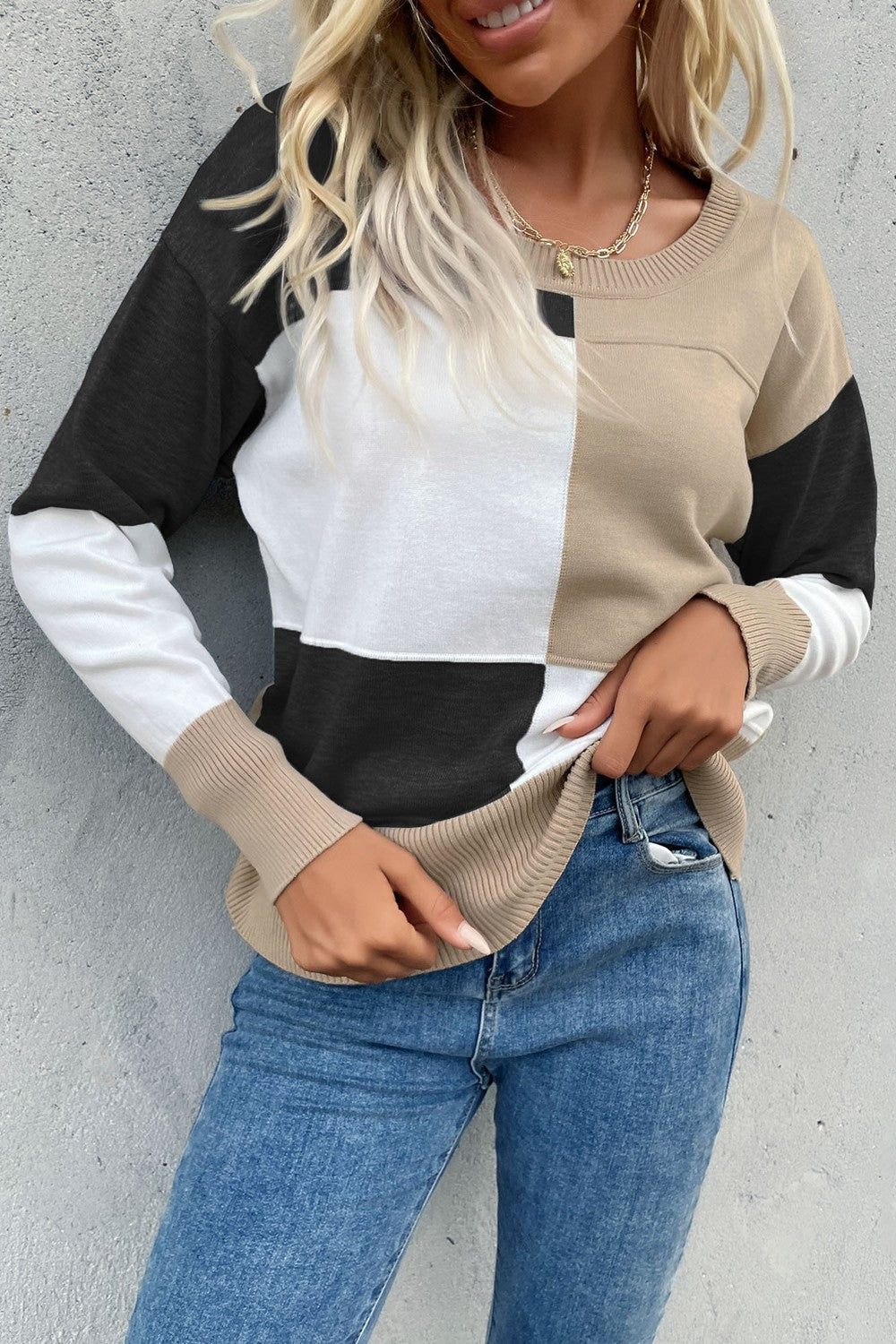 swvws Color Block Ribbed Trim Round Neck Knit Pullover