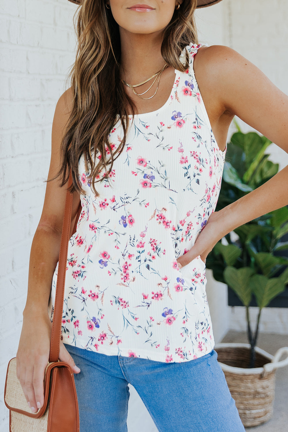 swvws Floral Ruffle Strap Ribbed Tank