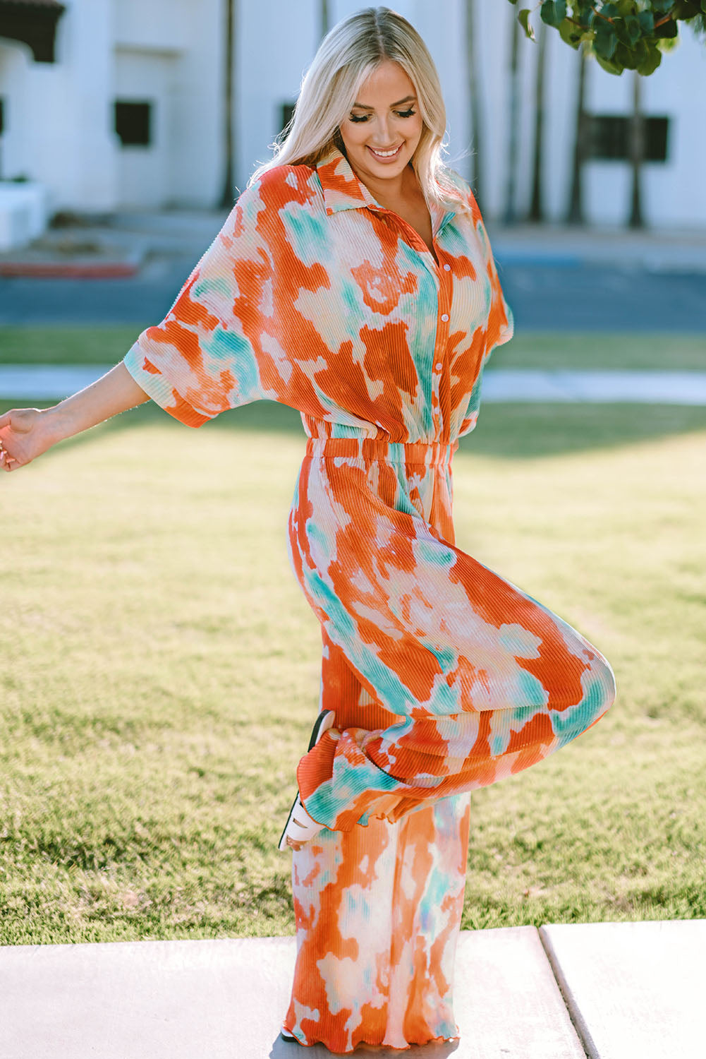 swvws Tie-Dye Collared Wide Leg Jumpsuit