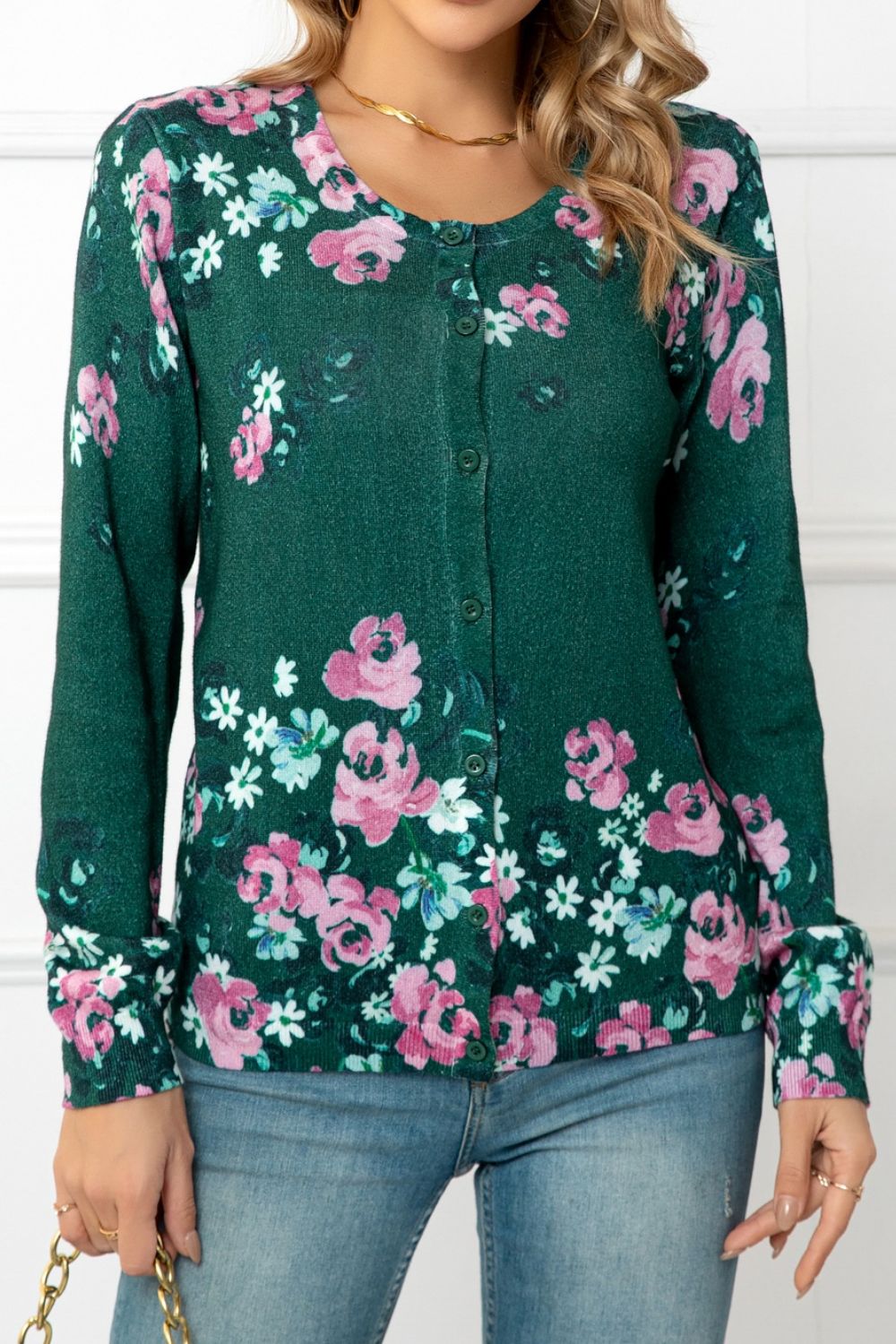 swvws Floral Button Front Round Neck Cardigan