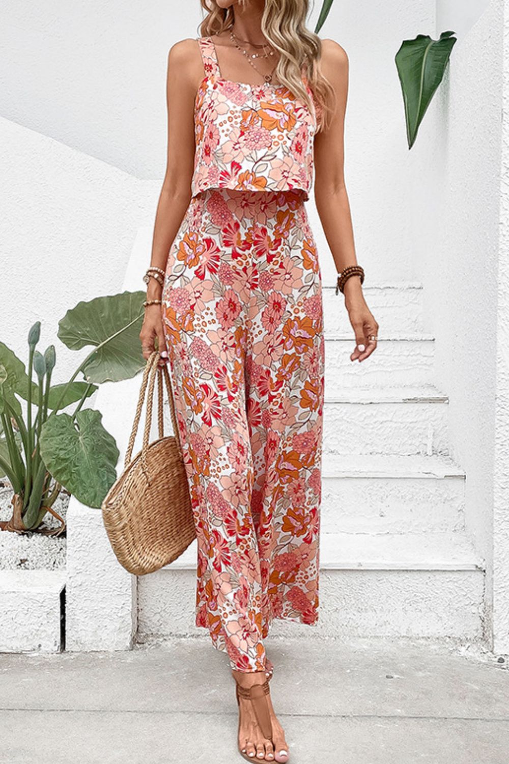 swvws Floral Square Neck Sleeveless Jumpsuit