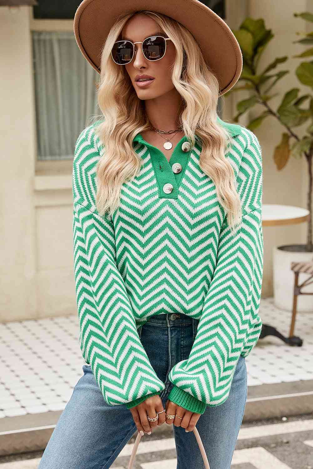 swvws Striped Collared Neck Buttoned Pullover Sweater