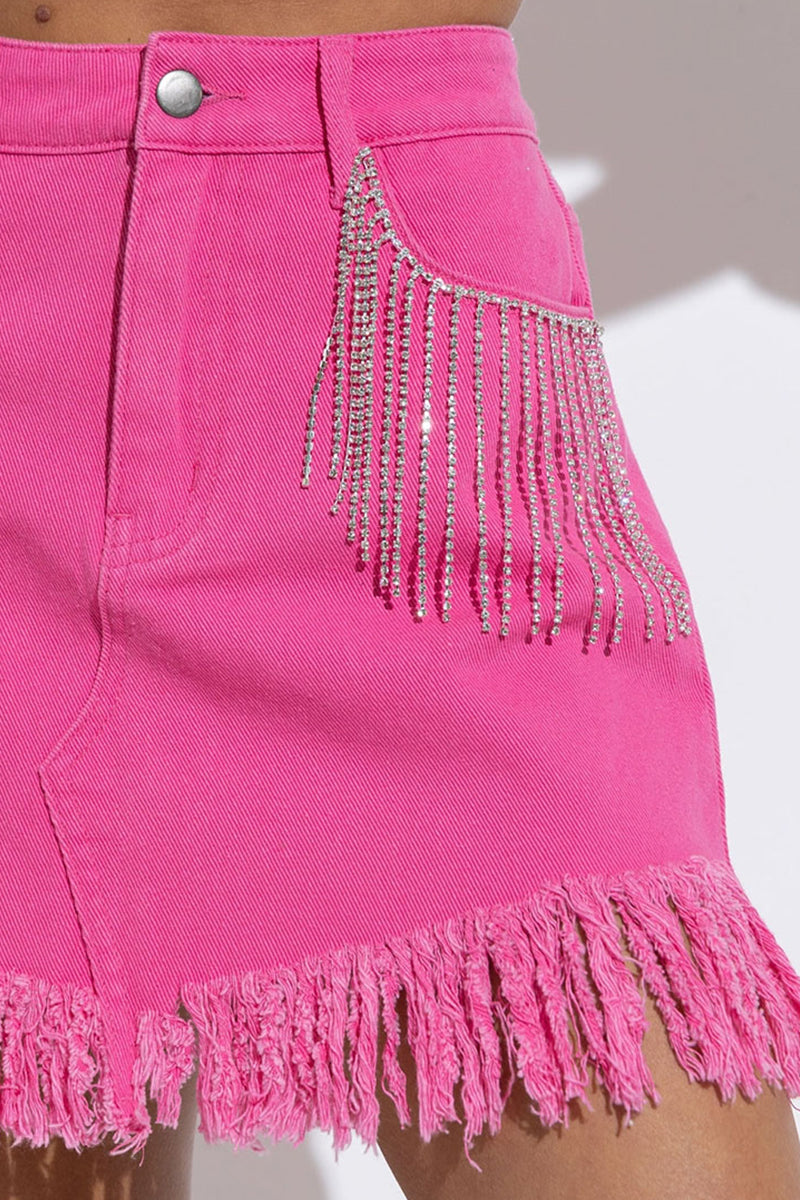 themeisles Rhinestone Fringe Denim Skirt