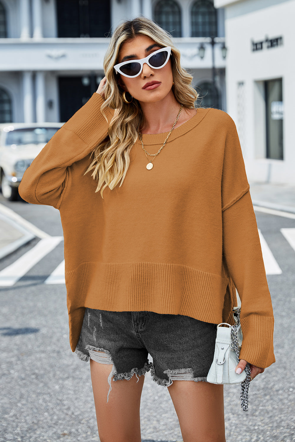 swvws Round Neck Dropped Shoulder Slit Sweater