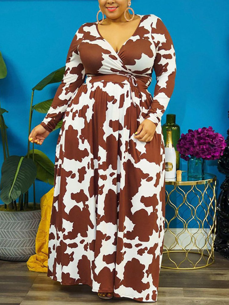 Sixsr Cow Print V Neck Wrap Dress