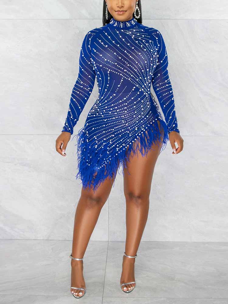 Sixsr Mesh Rhinestones Slit Mini Dress