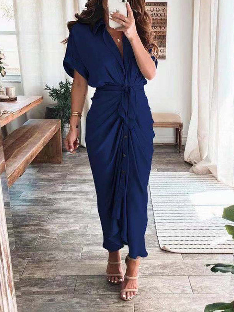 Sixsr Satin Pleated Bandage Shirt Dress