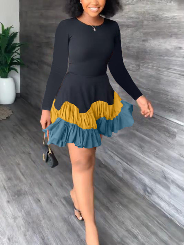 Sixsr Color Block Ruffle Mini Dress