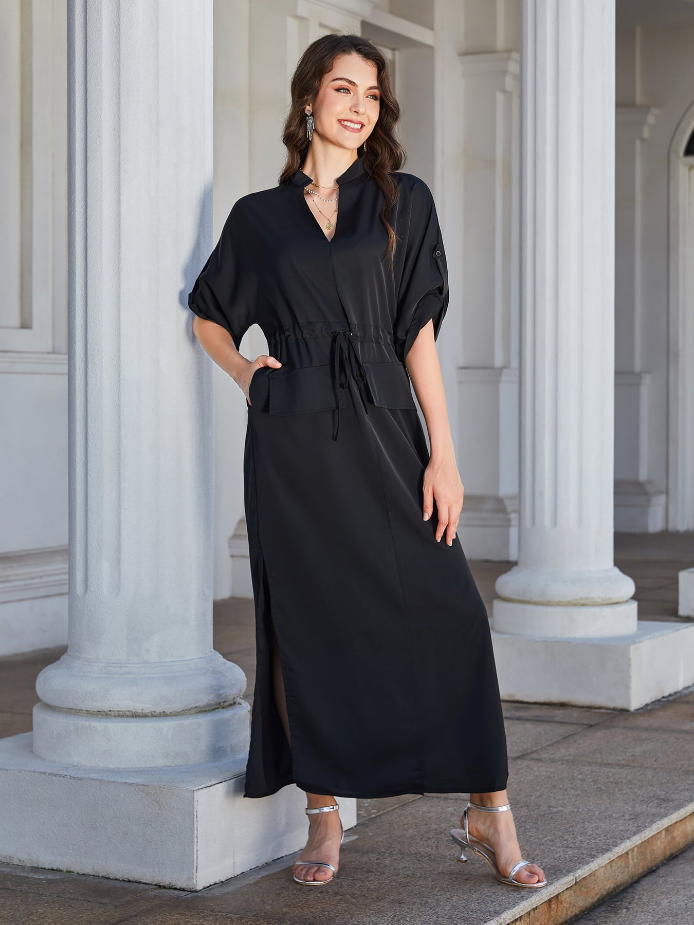 swvws High Slit Roll-tab Sleeve Notched Neck Maxi Dress