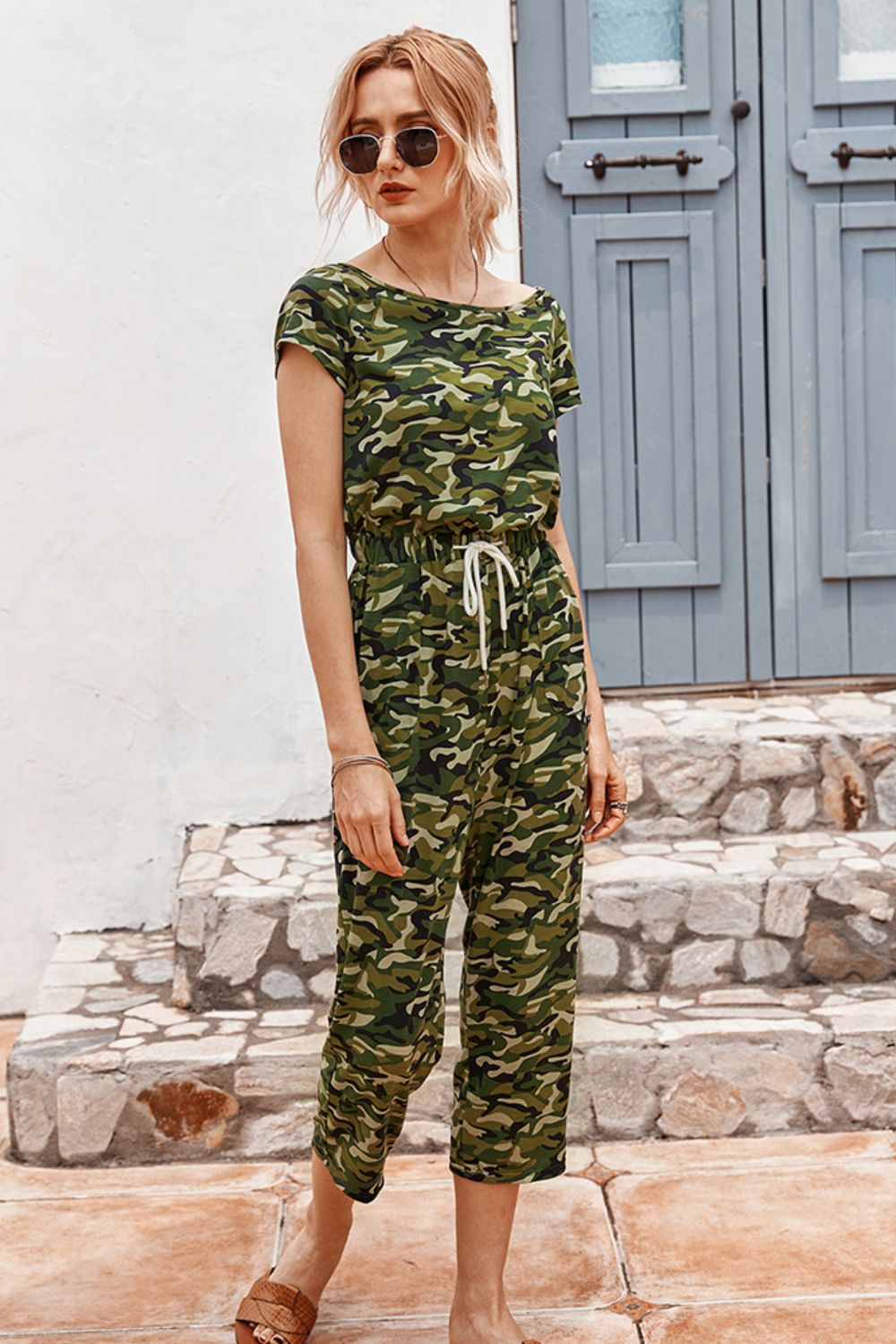 swvws Camouflage Drawstring Crop Leg Jumpsuit