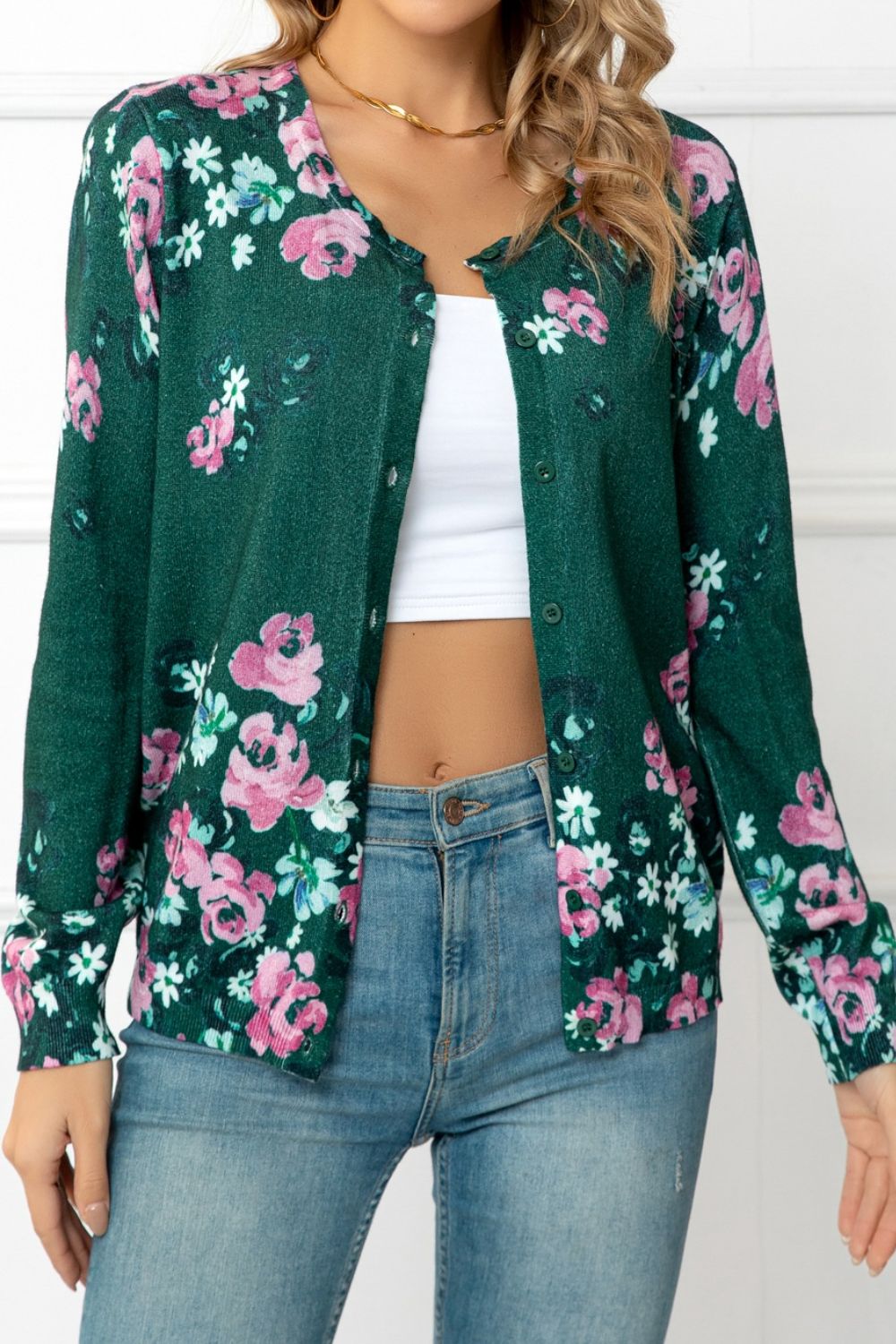 swvws Floral Button Front Round Neck Cardigan