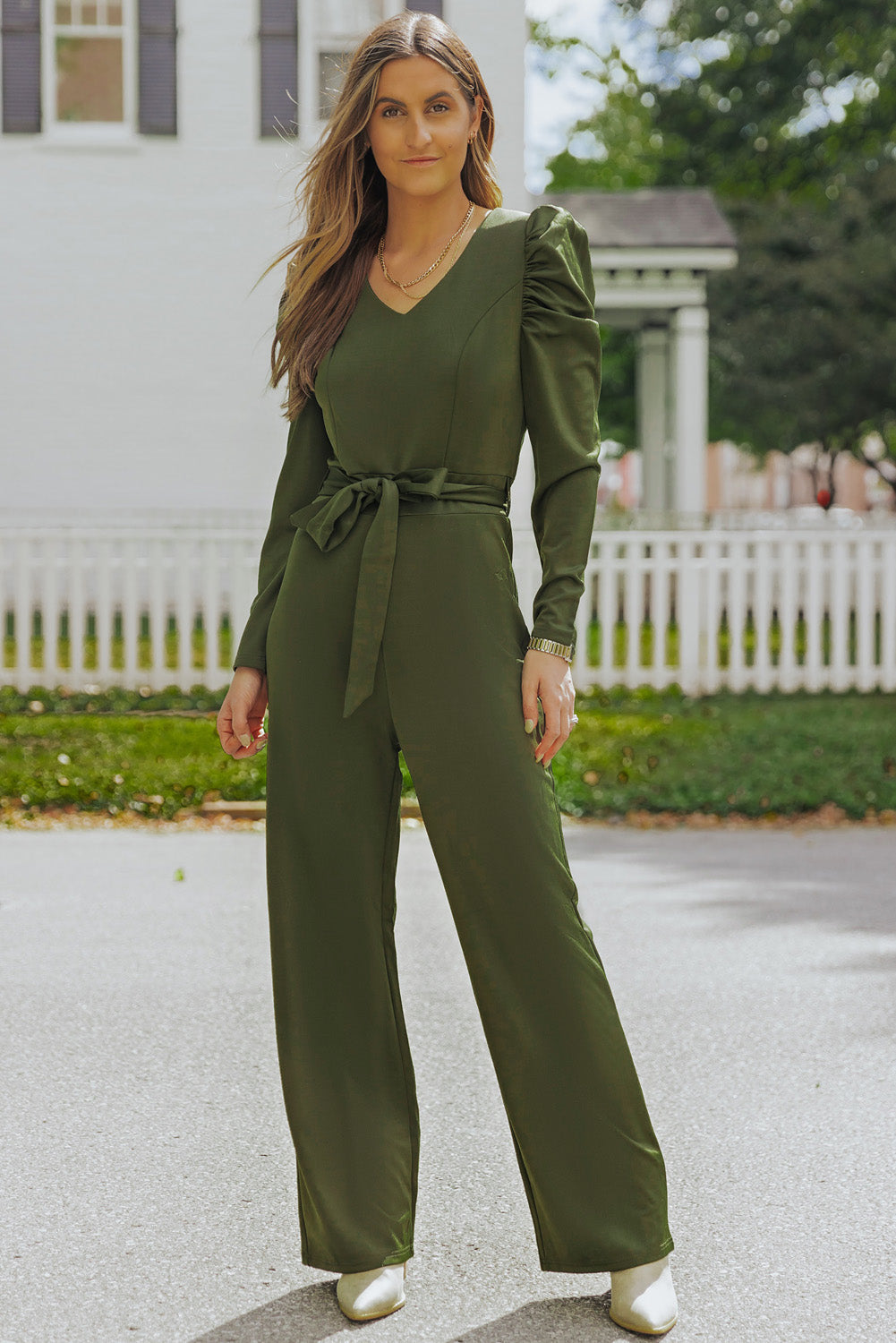 swvws Belted Long Puff Sleeve V-Neck Jumpsuit