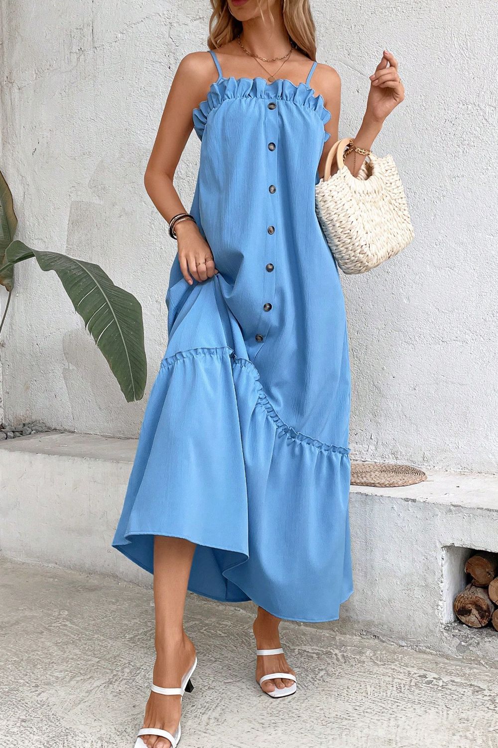 swvws Ruffle Trim Buttoned Sleeveless Maxi Dress