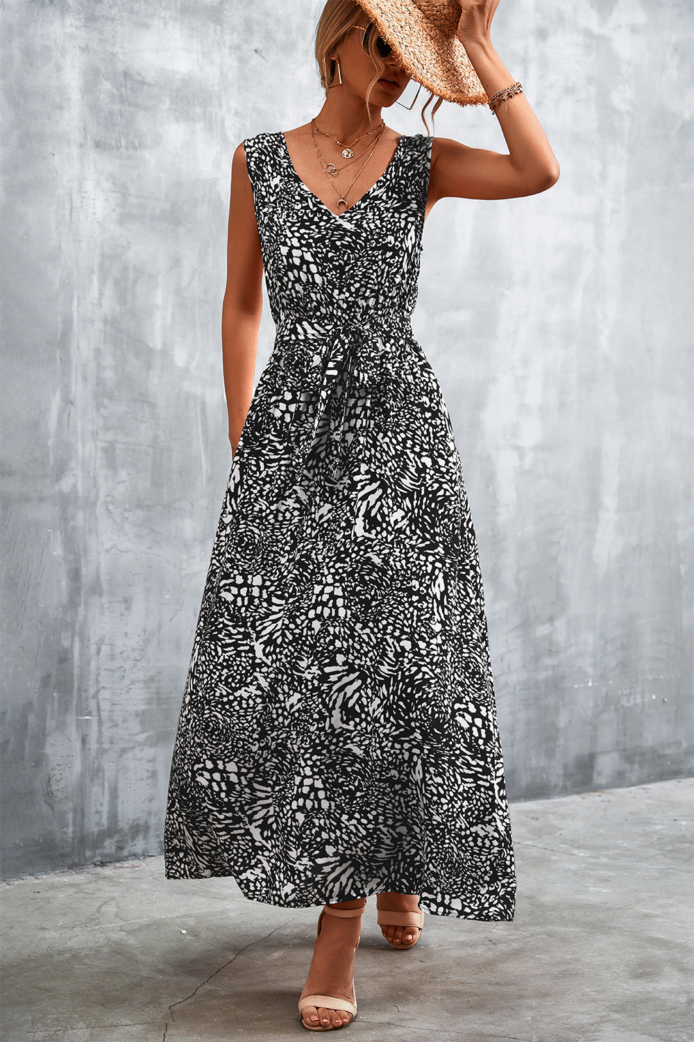 swvws Printed V-Neck Tie Waist Maxi Dress