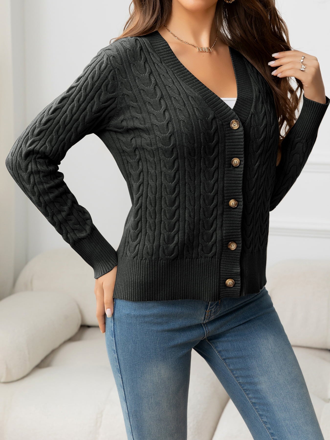 swvws V-Neck Long Sleeve Cable-Knit Buttoned Knit Top