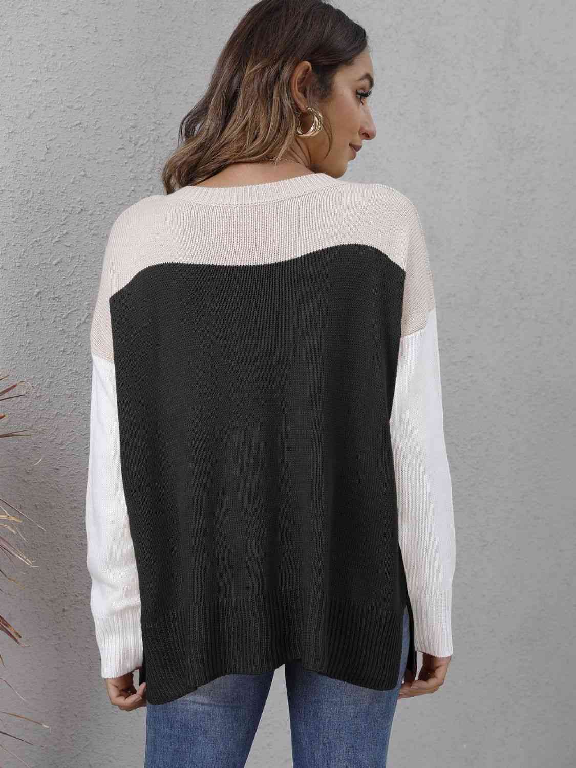 swvws Color Block Round Neck Dropped Shoulder Sweater