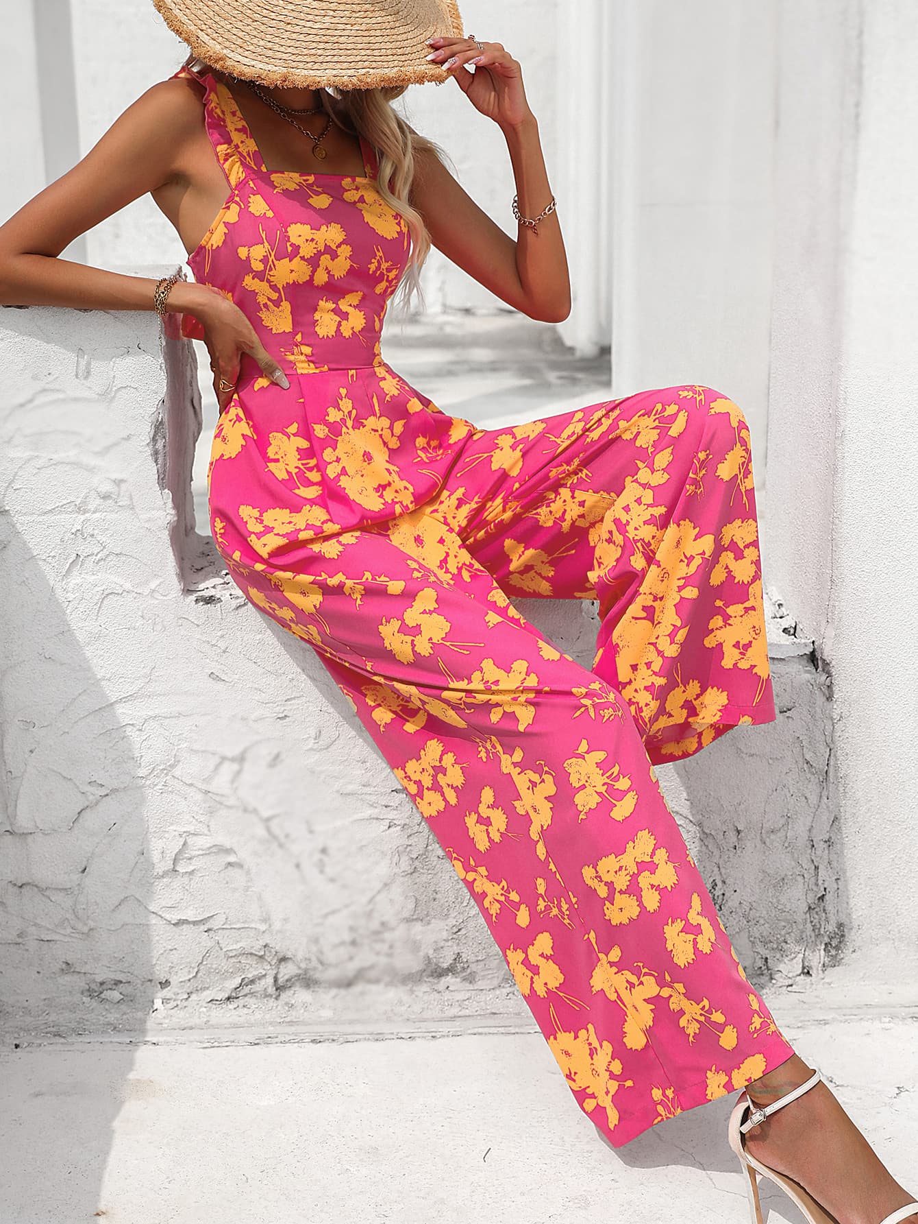 swvws Floral Square Neck Cutout Tie Back Jumpsuit