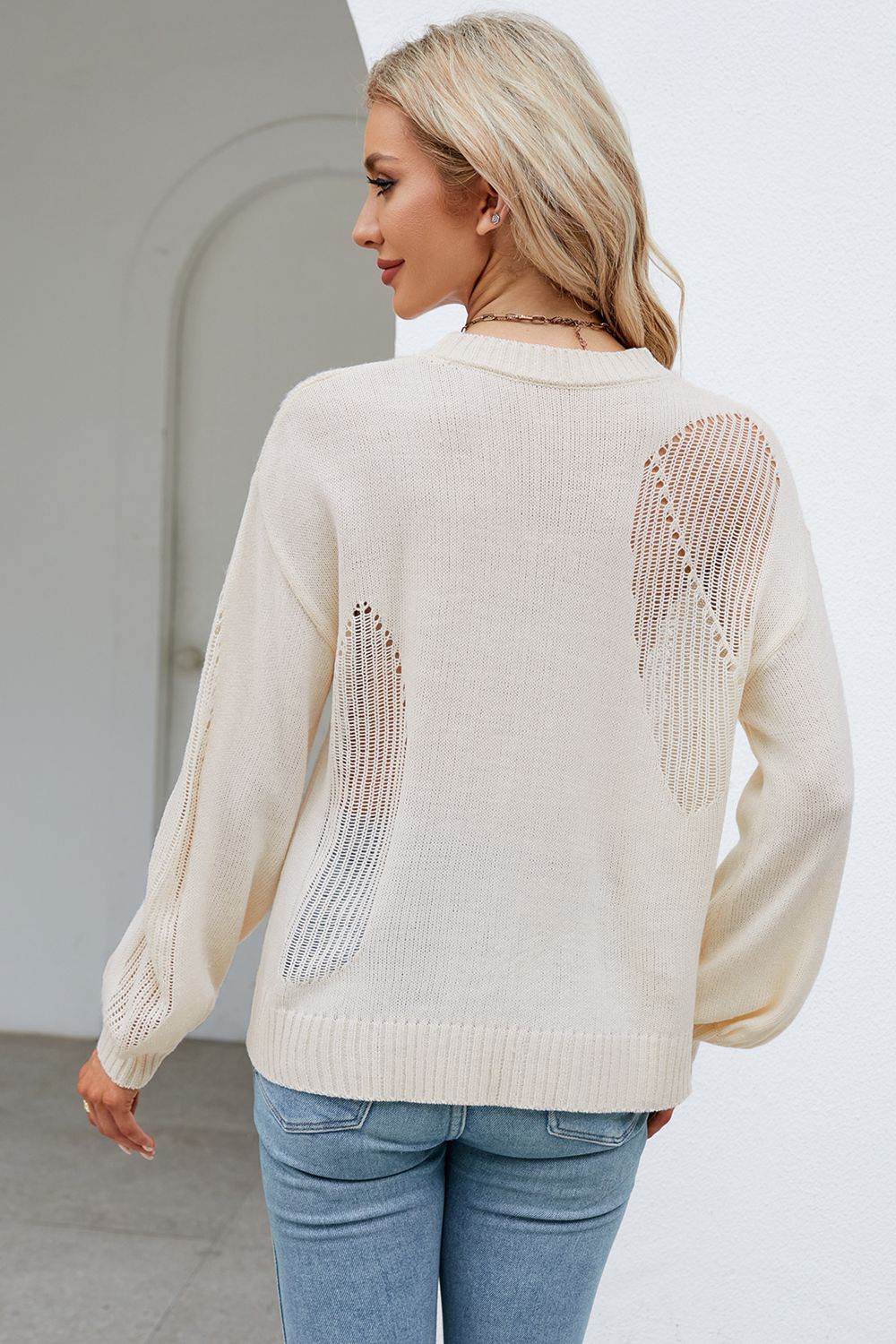 swvws Openwork Round Neck Dropped Shoulder Knit Top