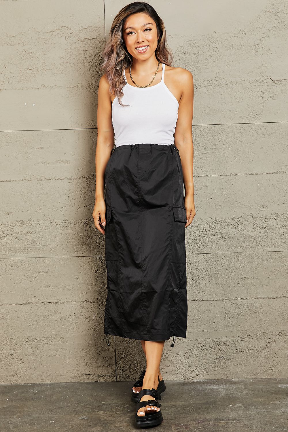 themeisles HYFVE Just In Time High Waisted Cargo Midi Skirt in Black