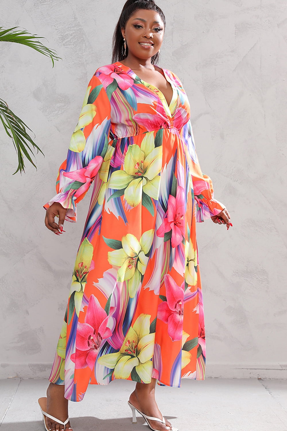 swvws Plus Size Printed Flounce Sleeve Maxi Dress